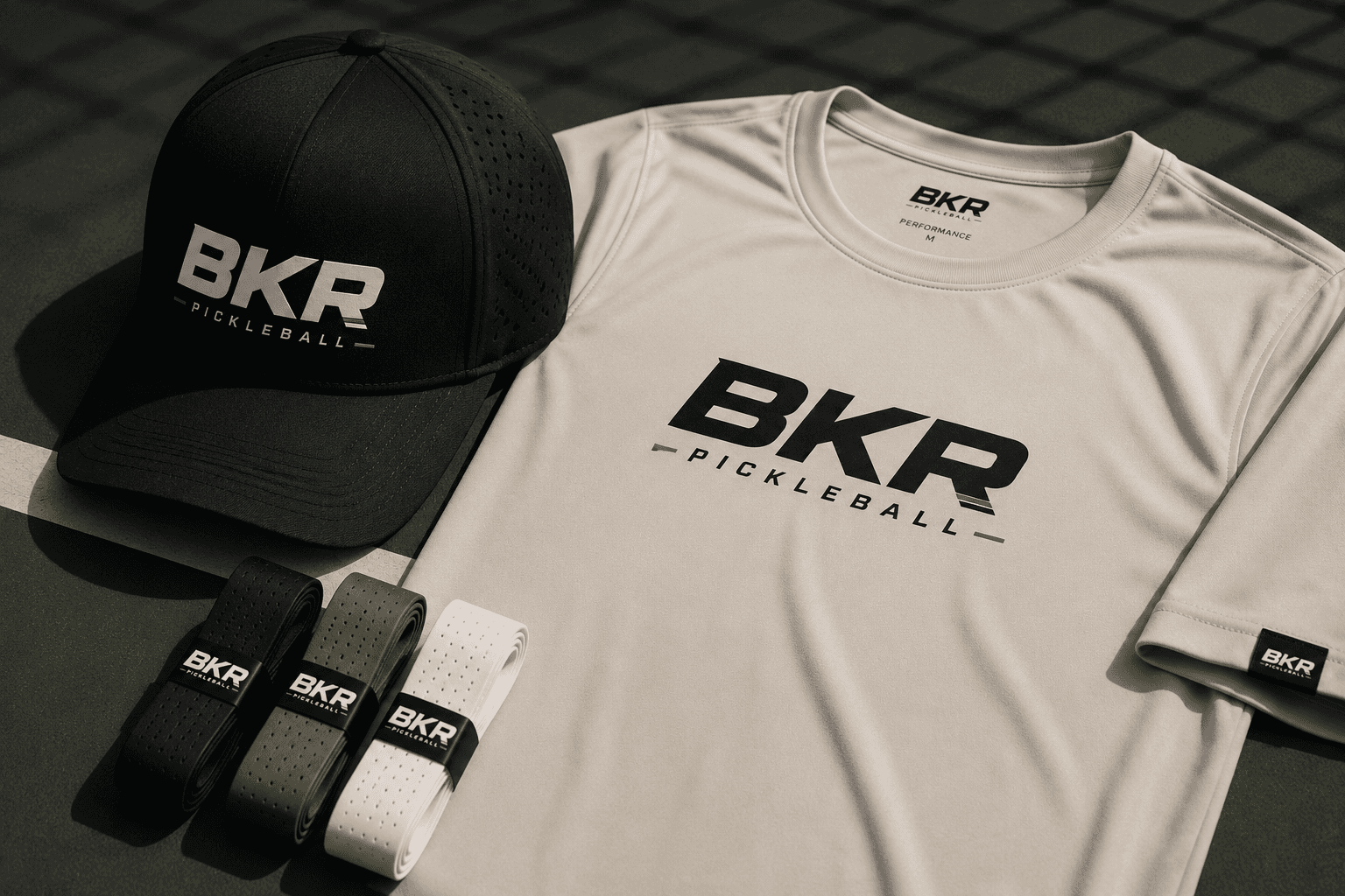 BKR Pickleball black cap, cream performance tee, and three paddle grips arranged on a court